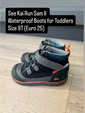 See Kai Run Toddler Waterproof Boots in Navy/Gray with Orange Accent Size 9T